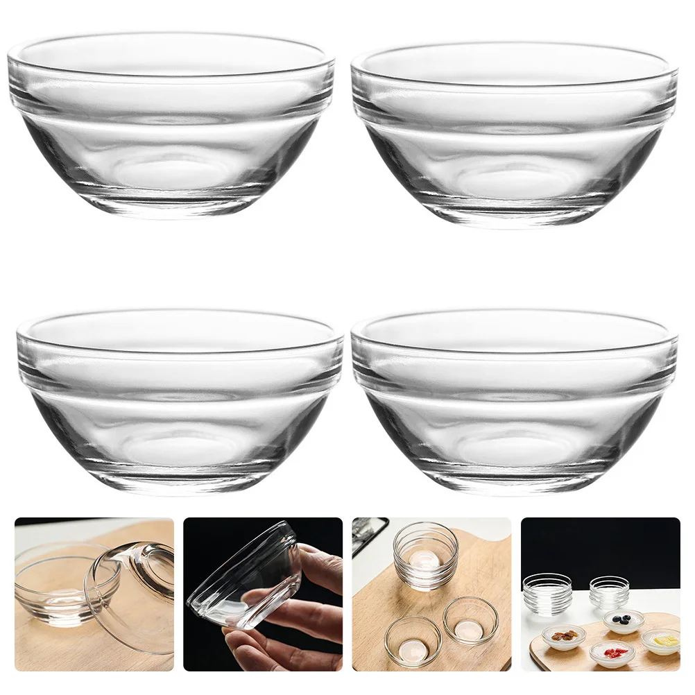 

4Pcs Clear Glass Bowls Premium Quality Stacking Food Containers Multi-Function Dessert Pudding Rice Noodles Salad Prep