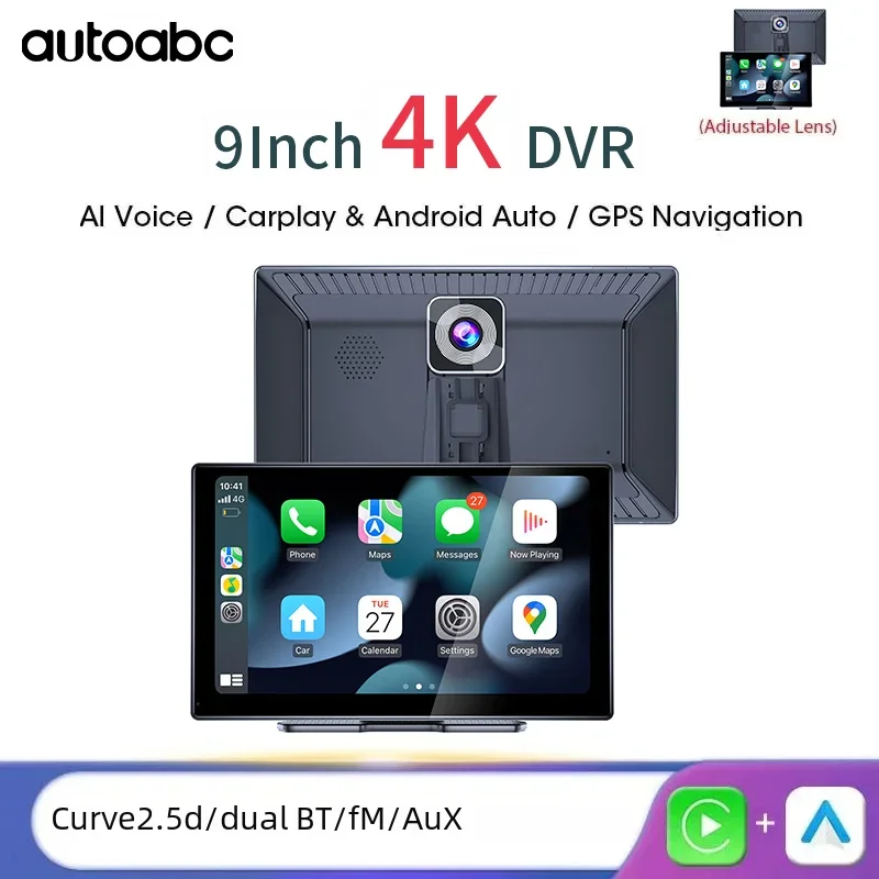 

Universal 9-inch Portable Smart Screen Wireless Carplay Android Car 4K Car DVR and 1080P Rear Camera Driving Recorder GPS Voice