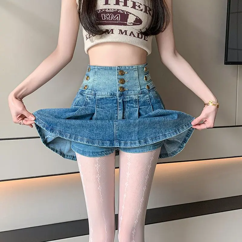 Denim Pleated Skirt, Button High Waist Versatile Slimming Fashionable And Age-Reducing Women Summer New Hot Girl A-Line Skirt