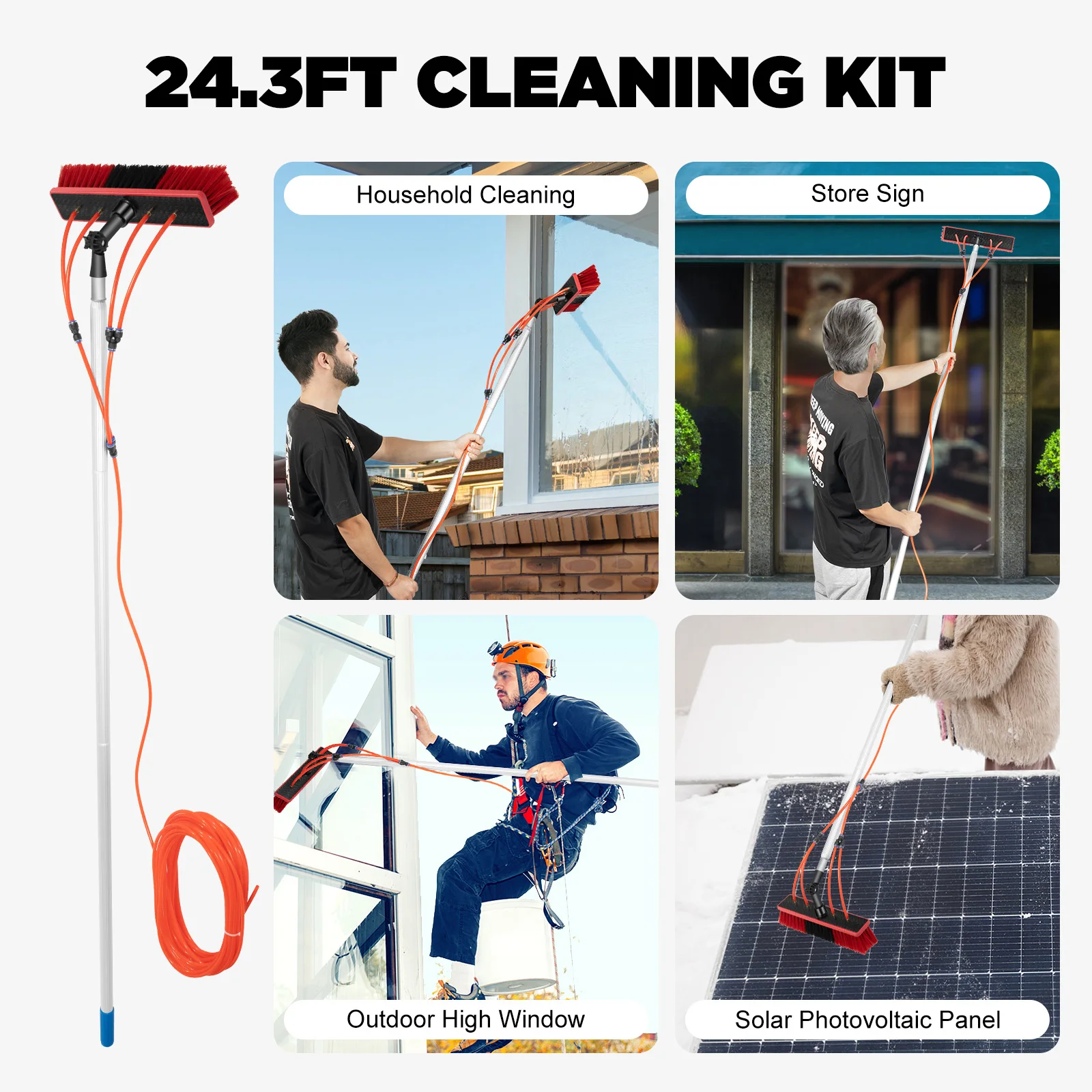 24.3FT Water Fed Pole Cleaning Kit 3-in-1 Cleaning Adjustable Cleaning Brush Tool Kit For High Windows Outdoor Indoor Washing