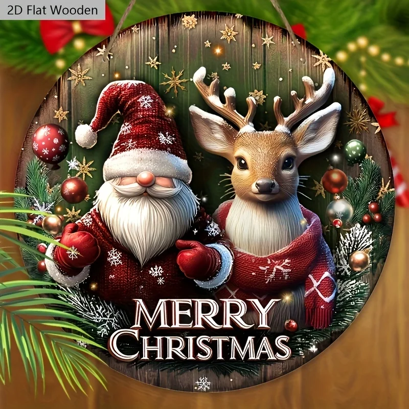 2D Flat, 1pc, 7.87 Inches Christmas Dwarf Elk Deer Wooden Plaque - Merry Christmas Wreath Sign for Entrance, Porch, Wall Decor -