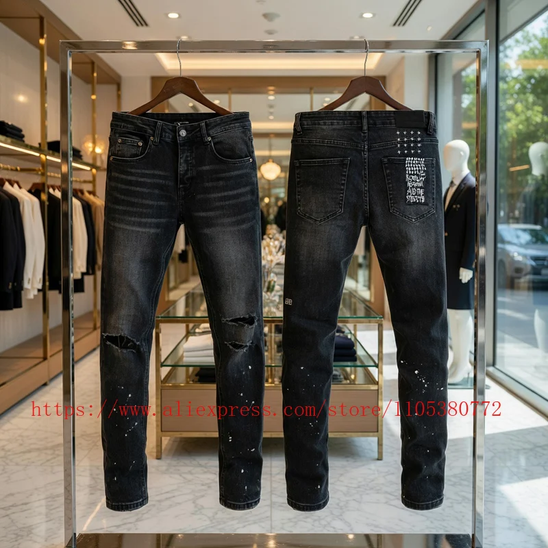 

2026 New Collection Men's Black Vintage Washed Skinny Jeans Ripped Paint Splatter Denim Casual Pants Streetwear Trousers