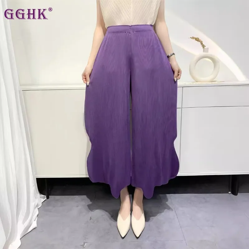 GGHK 2024 Summer New Pleated Pants Women Nine-minute Pants Loose Wide-leg Irregular Design High Waist Thin Female Pants