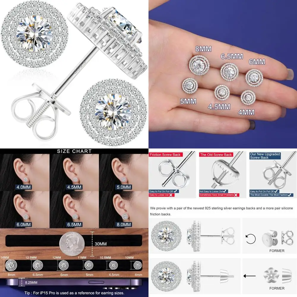 أقراط مويسانيتي مزدوجة على شكل هالة مع ظهر لولبي، فضة استرلينية مطلية بالذهب عيار 18 قيراط، أقراط مويسانيتي كبيرة للنساء #1