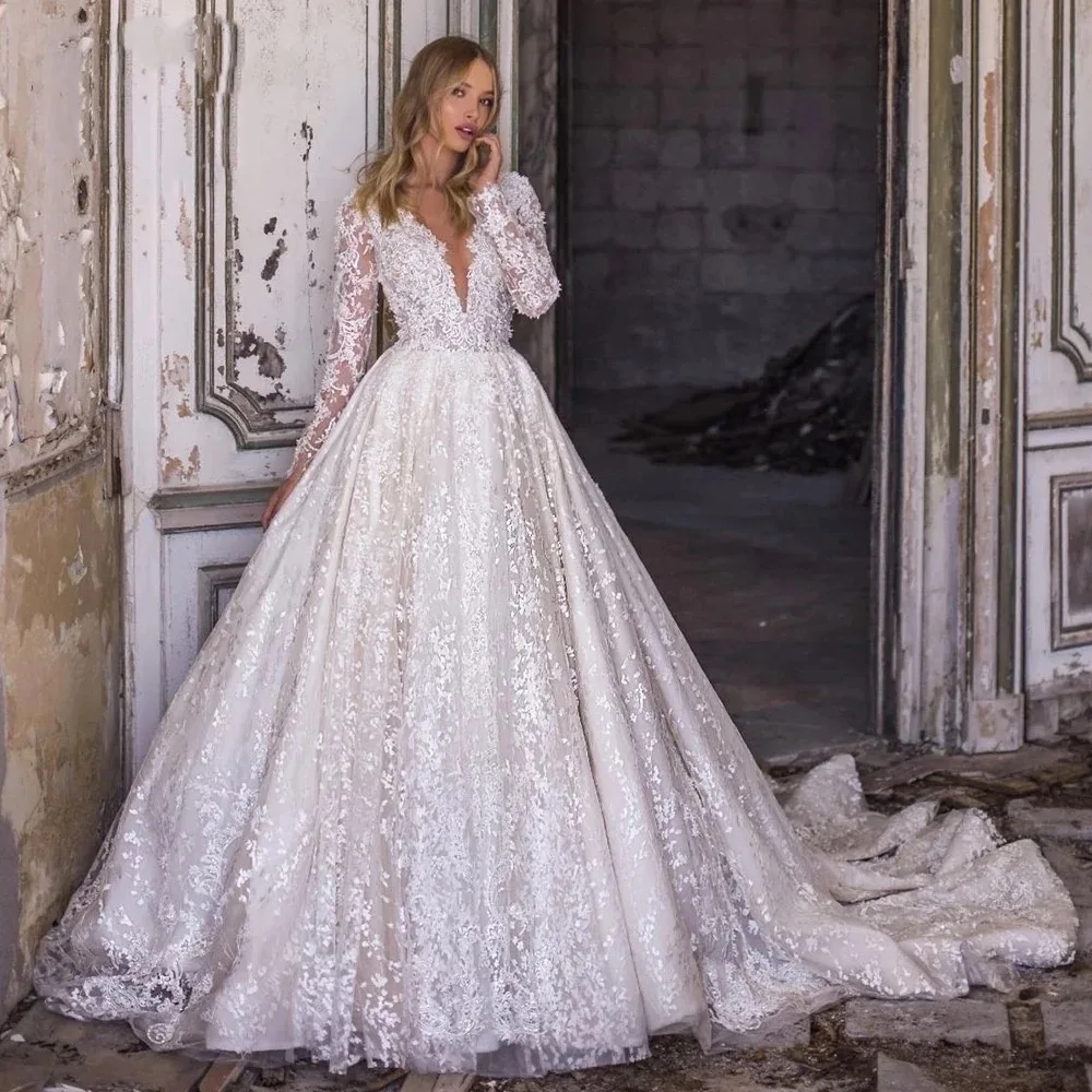 Vestidos De Novia línea A para mujer romántico con cuello en V manga larga apliques De cuentas vestido De Novia Vestidos De Novia personalizados