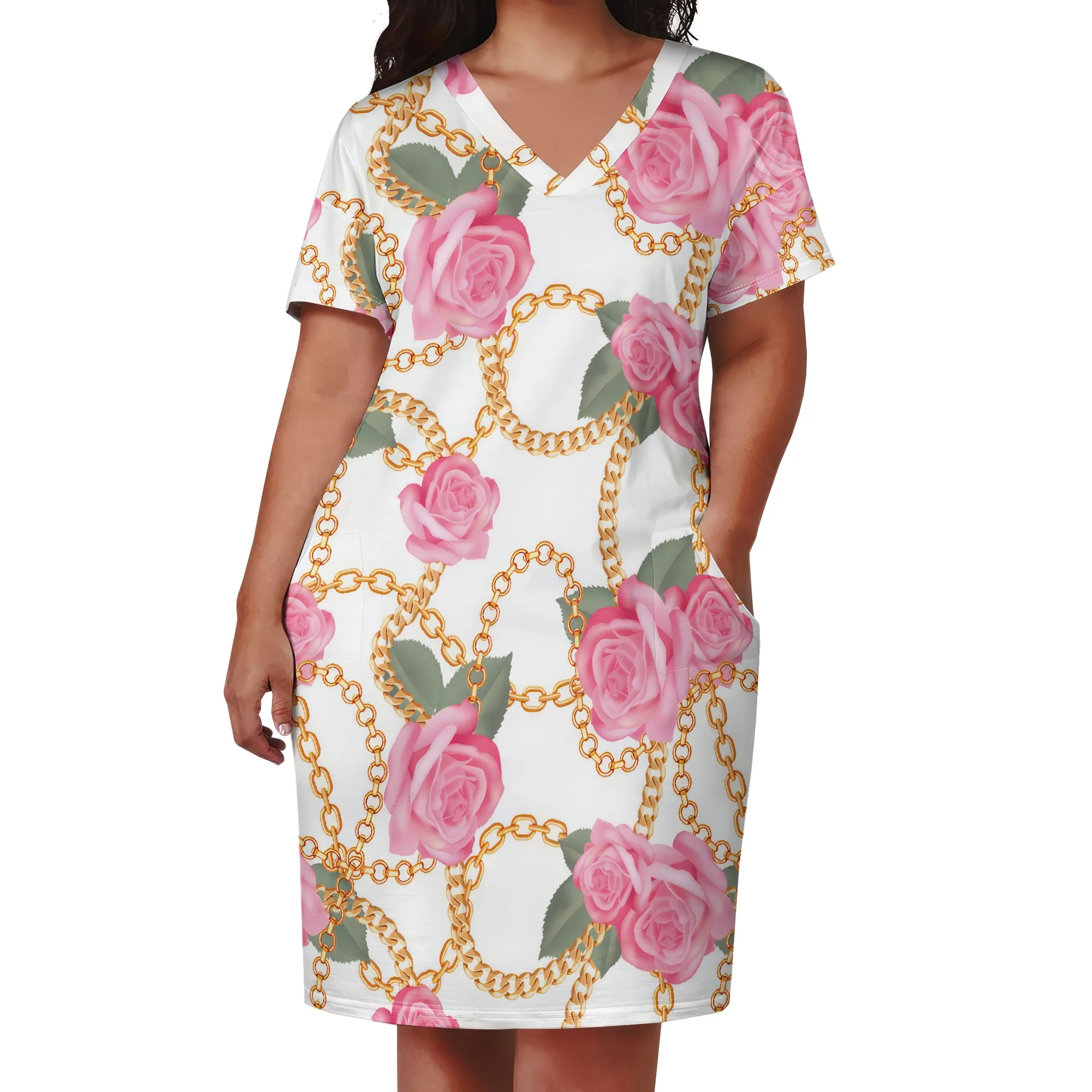Plus Size Rose Chain Print Dress for Women Summer V Neck Casual T Shirt Dress with Pockets