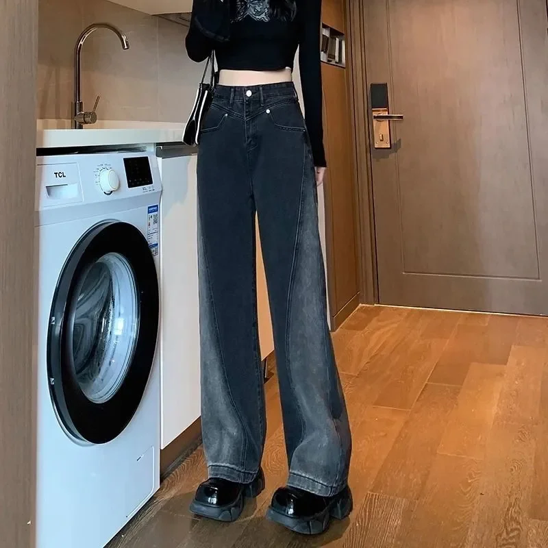 

GELITAYIN женские джинсы с высокой талией, женские американские уличные лоскутные прямые брюки для девочек, черные, серые, контрастные цвета, широкие брюки