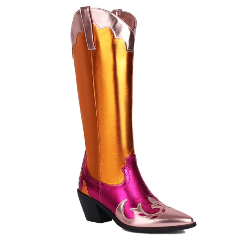 Women\'s High Boots Western Cowboy Cowgirls Boot Autumn Winter Patchwork Gold Pink Long Shoes Footwear Lady Large Size 45 Comfort
