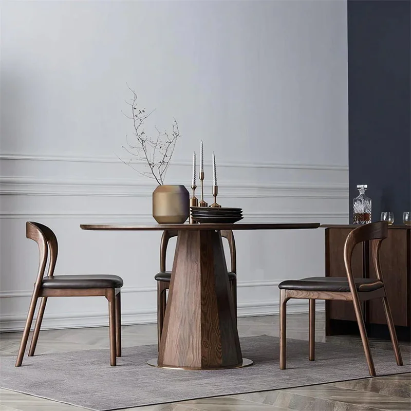 Nordic black walnut solid wood dining table, light luxury, modern and simple circular round table, small household dining table,