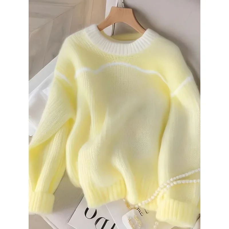 Amarelo solto-ajuste manga longa camisola de malha 2024 início do outono nova atmosfera coreana feminina moda topo