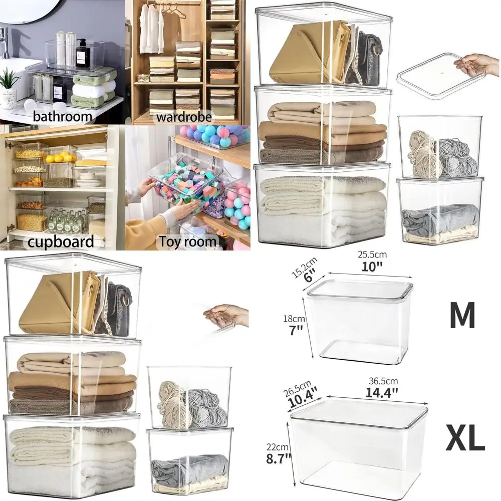 

Clear Plastic Storage Bins Set with Lids, Desk Basket, Organizer for Kitchen, Clothes, Laundry, and Home Office (3XL + 2M)