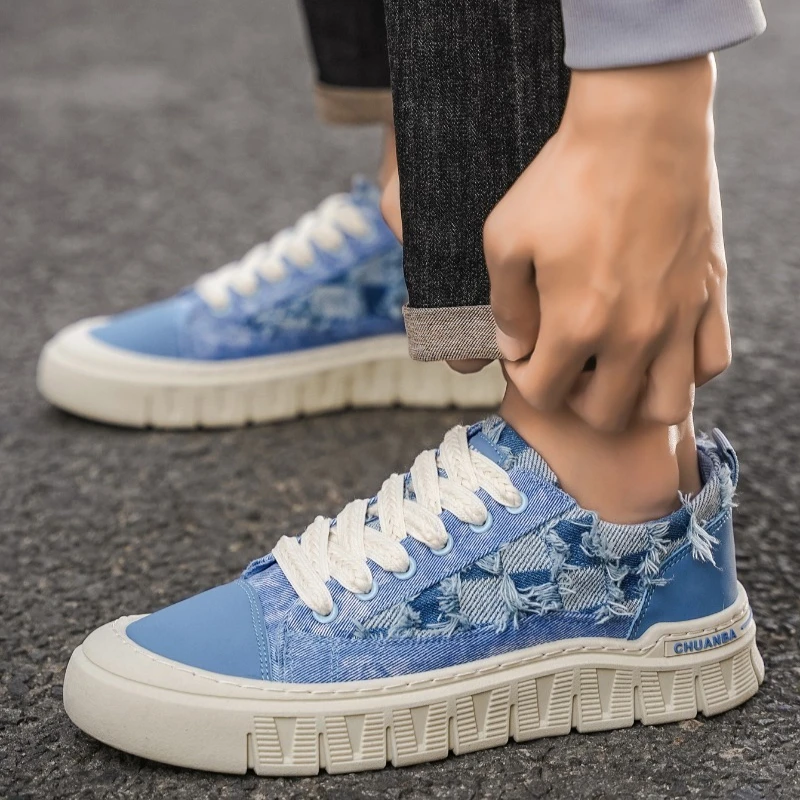 

Four season new trend fashionable casual style sports breathable thick sole low top niche denim fabric men's shoes