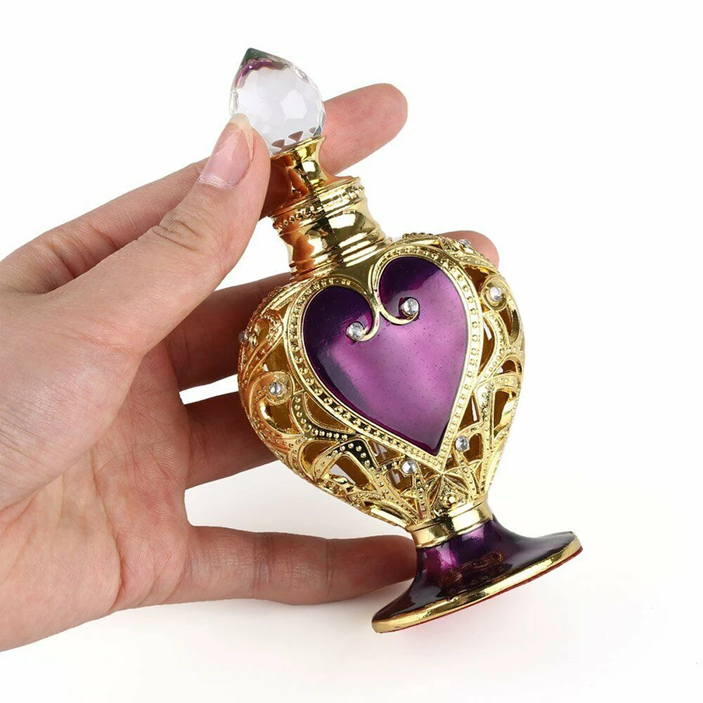 1pc Crystal Perfume Bottle Purple Heart Crown Vintage Golden Lace 12ml Collectible Empty Glass Tube Portable Palace Luxury Decor