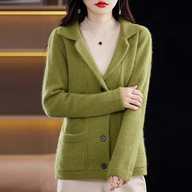 BELIARST 100% Mink Cashmere Sweater Women\'s Clothing Suit Collar Cardigan Winter Thickened Knitted Coat Sweater Jumper BR-095