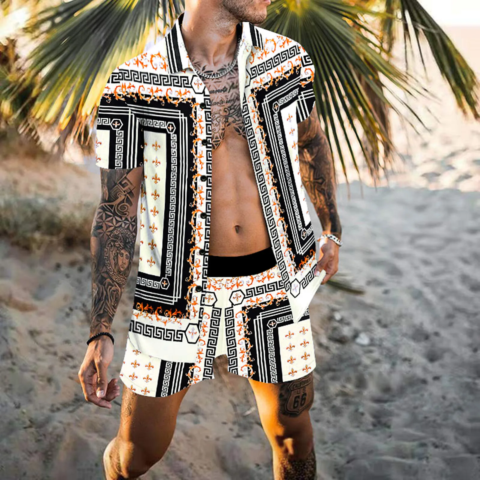 Summer Vintage Men\'s Shirt Set Short sleeve Shirt Shorts Casual Travel Print Beach Men\'s Hawaiian 2-piece suit S-3XL