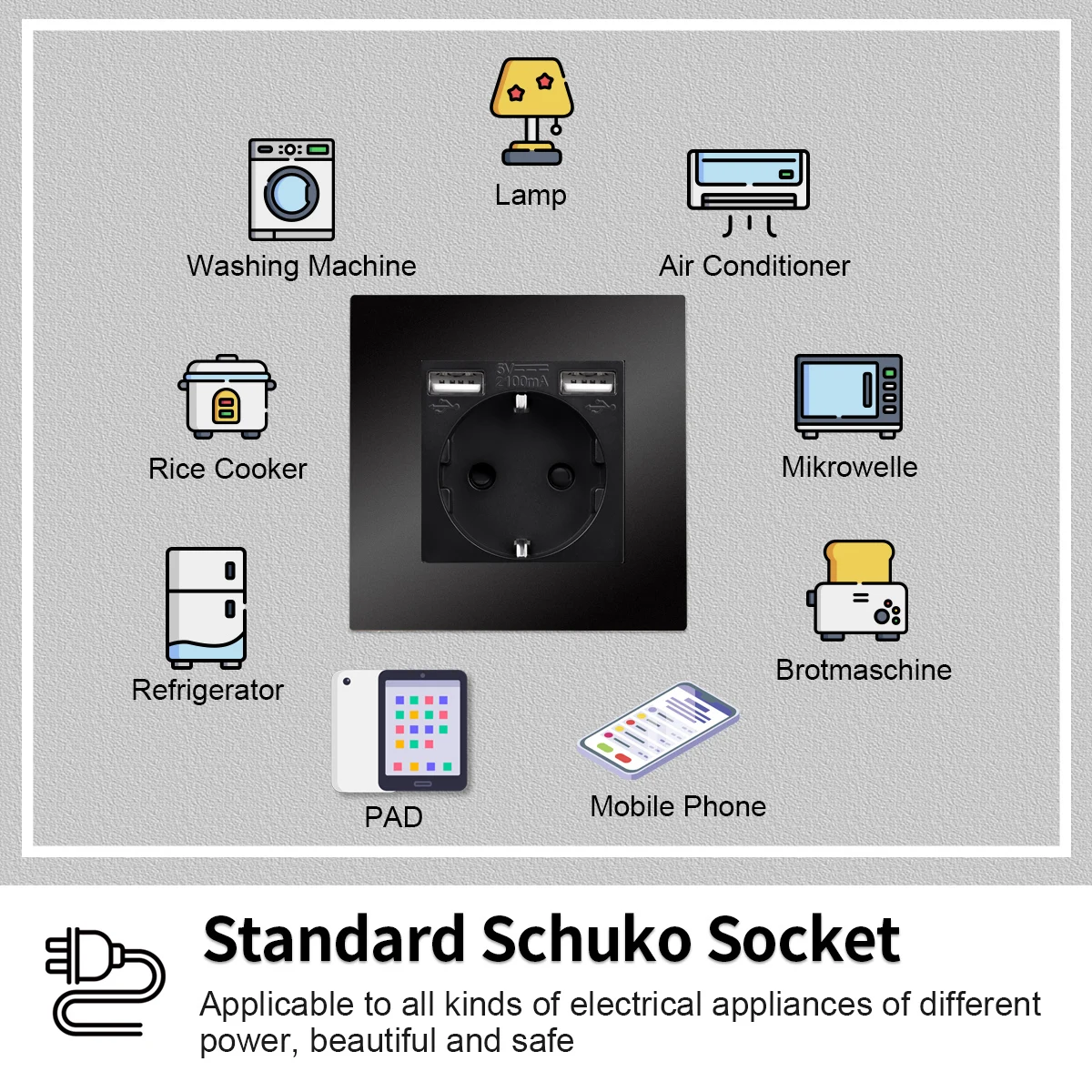 Wall Type Dual USB Power Socket 2.1A, Electrical socket wall plug with usb, 16A 220V outlet, German EU Standard Socket