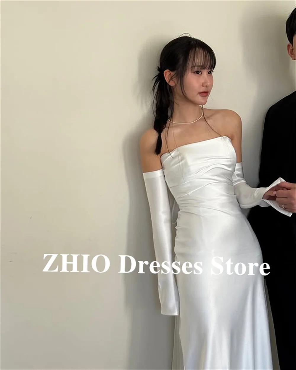 ZHIO Elegant High Quality Satin Strapless Wedding Dresses Korea Wedding Dress Photo Shoot Pleat Train Customized Formal Mariage
