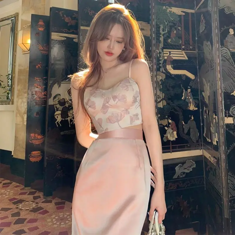 

New Pink Summer Pure Sweet Chinese Style High-end Advanced Niche Designed Sexy Suspenders + Skirt Two-piece Suit for Women