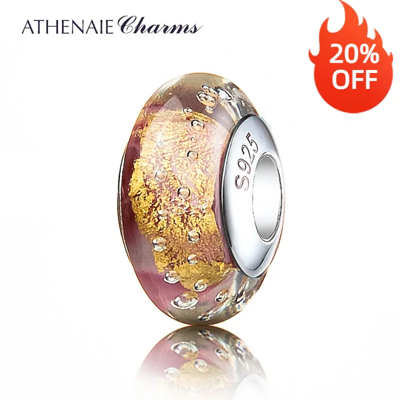 

ATHENAIE Genuine Murano Glass 925 Sterling Silver Core Gold Foil Charms Beads Fit All European Bracelets Color Pink forValentine