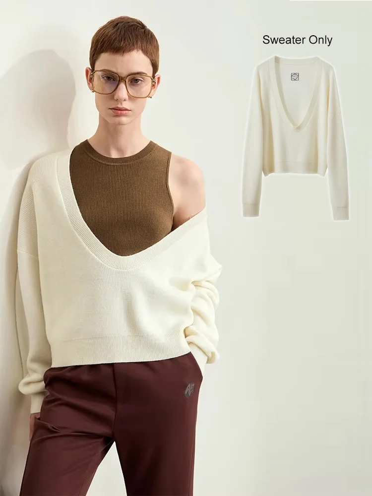 Amii Minimalism 2024 Autumn New Sweaters for Women U-neck Mercerized Lazy French Loose Spliced Female Knit Pullovers 12443224