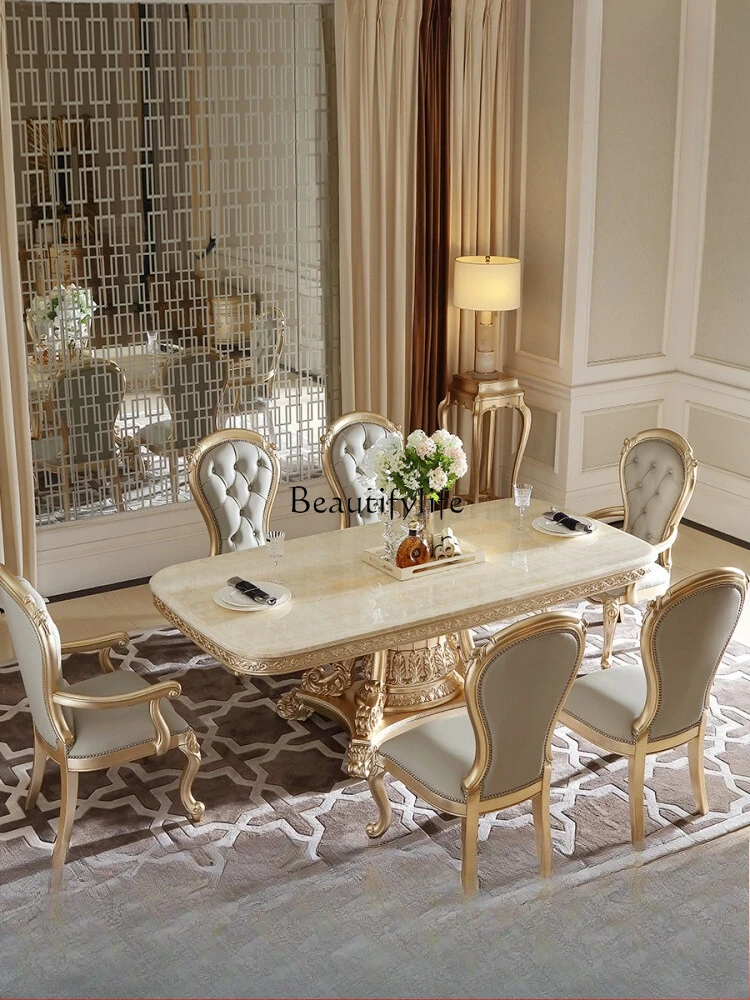 

French luxury full solid wood carving flower long dining table European classical beech rectangular large dining table