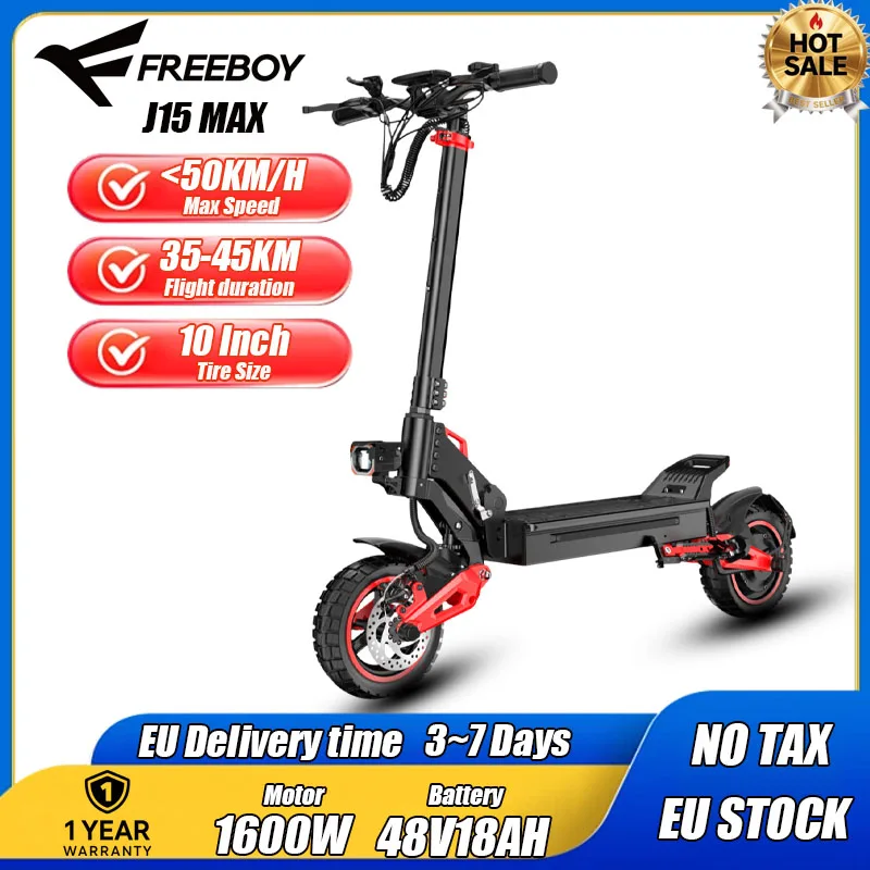 FREEBOY J15 Max Elektrische Scooter 1600W Motor 48V18AH Lithium Batterij Lange Levensduur Elektrische Scooter 10-Inch Banden Opvouwbaar Buiten Elektrische Scooter Duitse Lokale Voorraad Levering