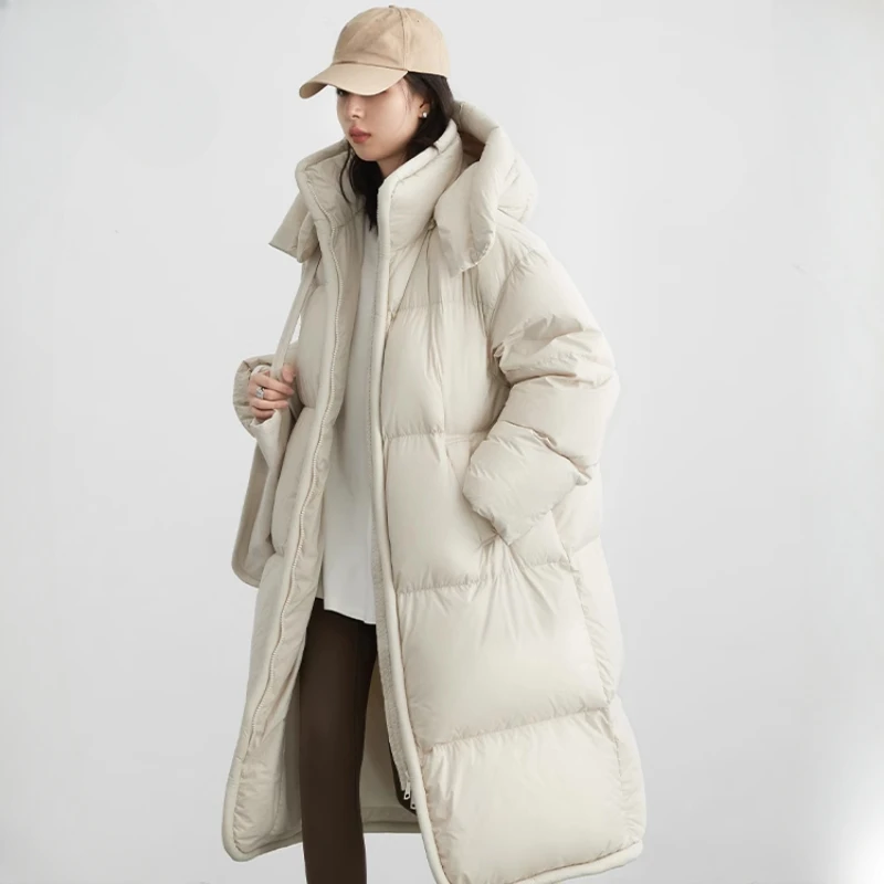 Jaqueta feminina com capuz longo, jaqueta quente à prova de vento, parkas casual preguiçoso, essencial inverno quente, novo high-end, 2024