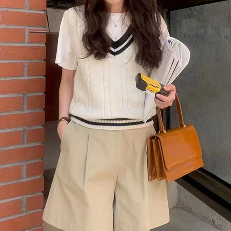 ITOOLIN Women Patchwork V-neck Knit Sweater Vest Sleeveless Rib Preppy Style Pullover Sweater Vest For Women 2025 Autumn Winter