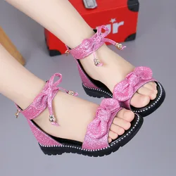 New 2023 Summer Girls Sandals Fashion Bowtie Zipper Princess Girls Shoes Children Kids Baby Party Flat Gladiator Sandals 27-37