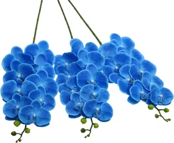 Artificial Orchid Stems Set of 3 PU Real Touch Orchid Big Blooms Fake Phalaenopsis Flower Home Wedding Decoration (3 PCS, Blue)