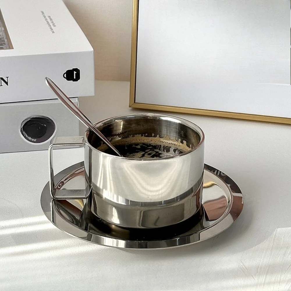 1 مجموعة فنجان القهوة الأوروبي الفولاذ المقاوم للصدأ فنجان القهوة كوب شاي بعد الظهر مع ملعقة صحن لملحقات المطبخ مقهى