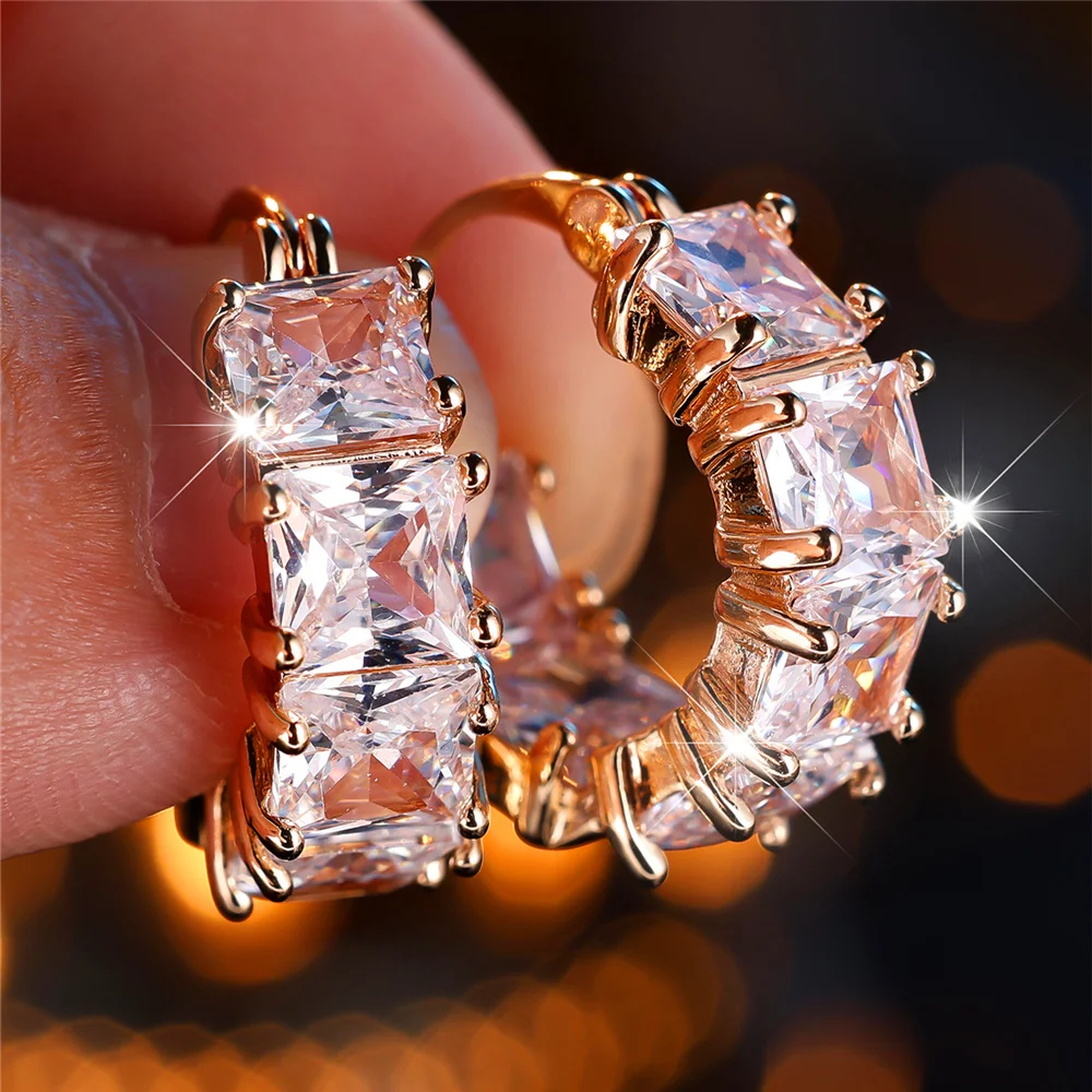 Crystal Green White Blue Square Zircon Stone Hoop Earrings For Women Fashion Female Gold Color Wedding Jewelry