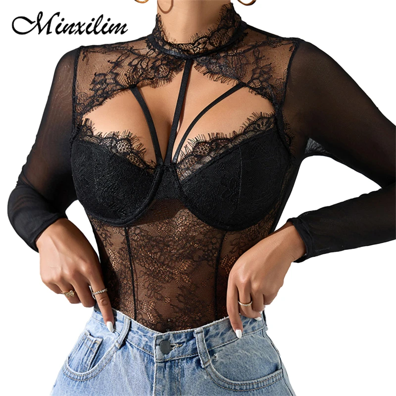 Minxilim ملابس مثيرة للنساء عميق الخامس الرقبة طويلة الأكمام الدانتيل أعلى محدد شكل الجسم الإناث ارتداءها يمكن ارتداؤها في الخارج
