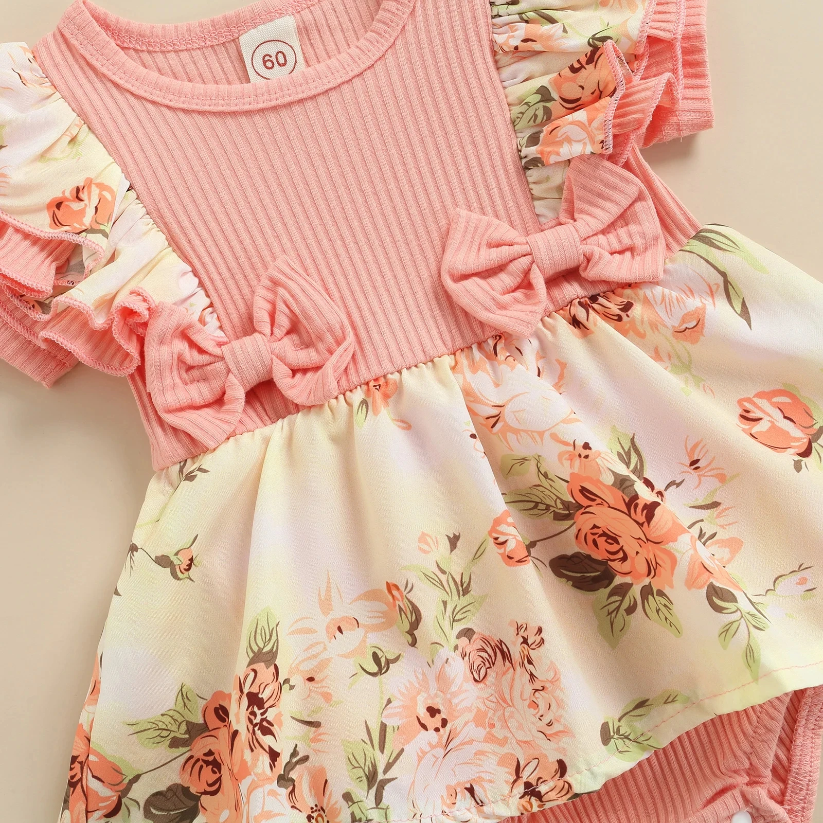 Summer Infant Baby Girls Dress Flying Sleeve Bodysuit + Bow Headband Flower Pattern Ruffle Sweet Style Clothing