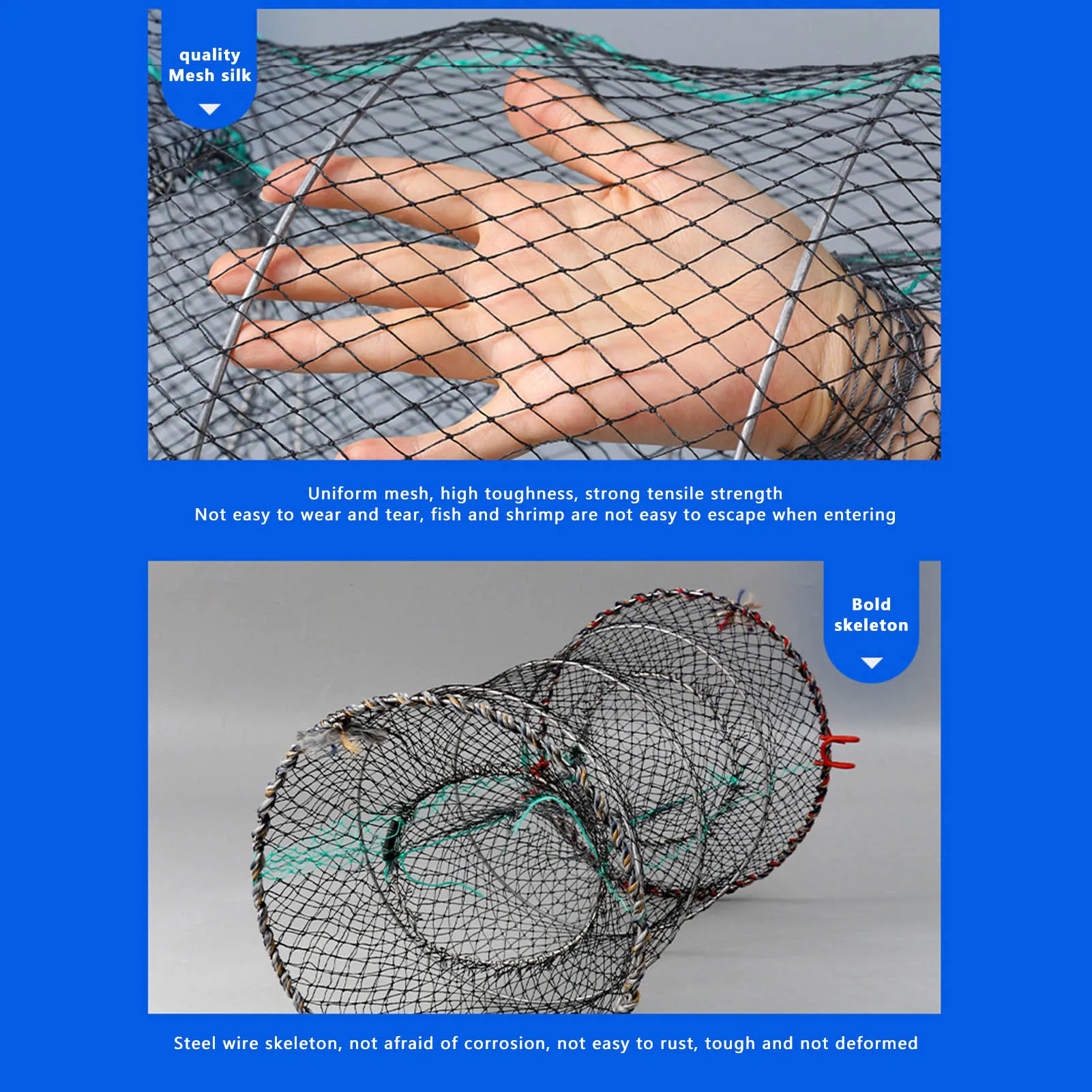 

Foldable Fishing Cage 25x45cm Portable Steel Wire Fishing Net Large Capacity Quick Drying Spring Fish Cage Fishing Accessories