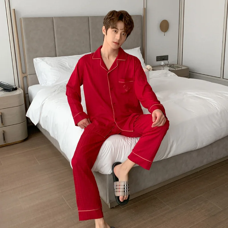 Houndstooth Men Shirt Pants Pajamas Suit Sleep Wear Nightwear Ice Silk Home Clothes Loose Loungewear Lapel Homewear Sleepwear