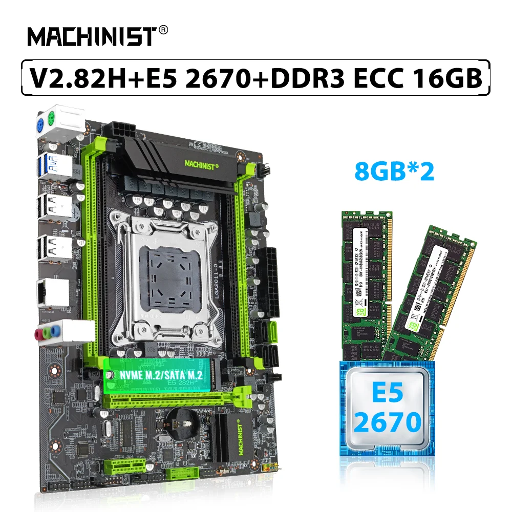 

MACHINIST X79 V2.82H Motherboard Set LGA 2011 Kit Xeon E5 2670 Processor CPU 16GB(2*8GB) ECC DDR3 Memory RAM M.2 NVME/SATA SSD