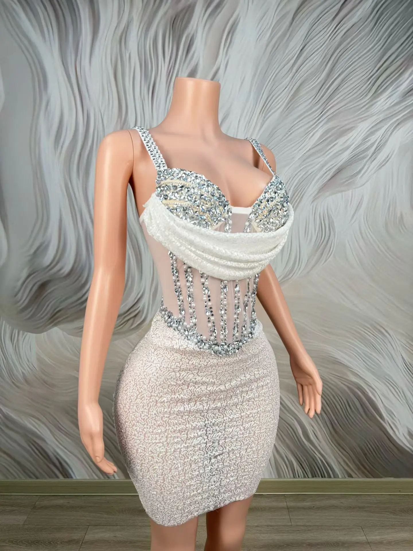 Baishatang Glamorous White Sequin Rhinestone Corset Spaghetti Strap Mini Dress Formal Cocktail Party Nightclub Gown - view 3