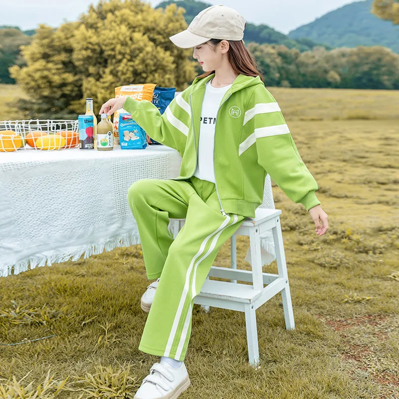 

2025 Korean Autumn Kids Girl Tracksuit 2pcs Teenager Girl Hooded Striped Coat+Wide-leg Pants Child Jogger Workout Set 5-14Yrs