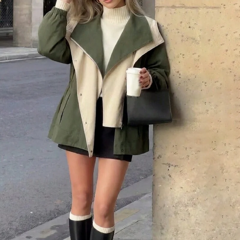 Modischer Damen-Trenchcoat mit Umlegekragen, Kapuze, Farb-Patchwork, Taschen, Reißverschluss, locker geschnittene Jacke, 2026 Herbst-Winter, neues Alltagsoutfit
