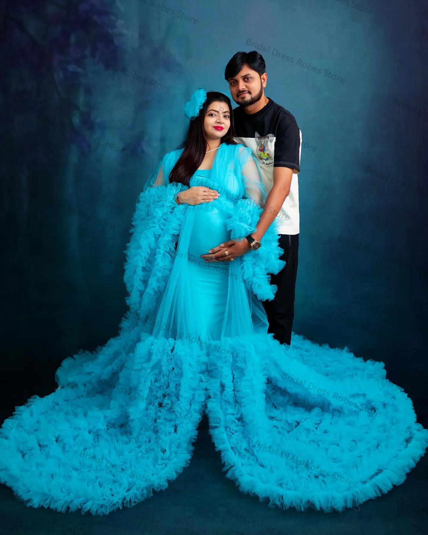 

Blue Mesh Women Maternity Dresses for Photo Shoot V Neck Full Sleeves Robe Tiered Tulle Prom Gown Wedding Pregnant Customized