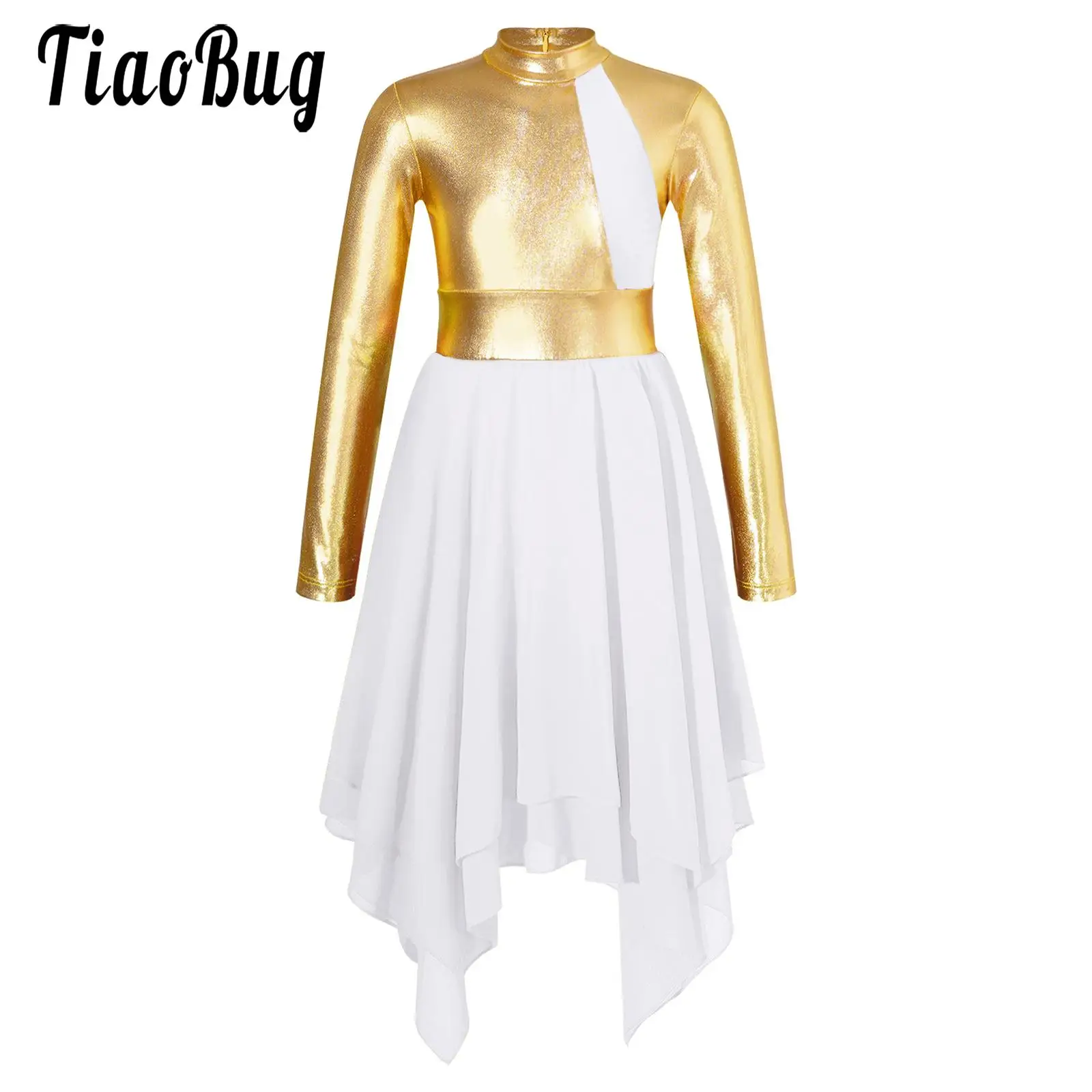 

Kids Girls Shiny Bronzing Costume for Worship Dress Lyrical Liturgical Praise Dance Dress Long Sleeve Modern Ballroom Dancewear