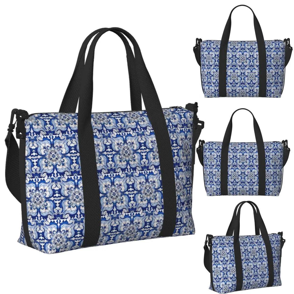 

Antique Classic Lisbon Blue Azulejo Tile Floral Pattern Beach Travel Bag Tote Bags for Gym Women Shopping Duffle Shoulder Bag