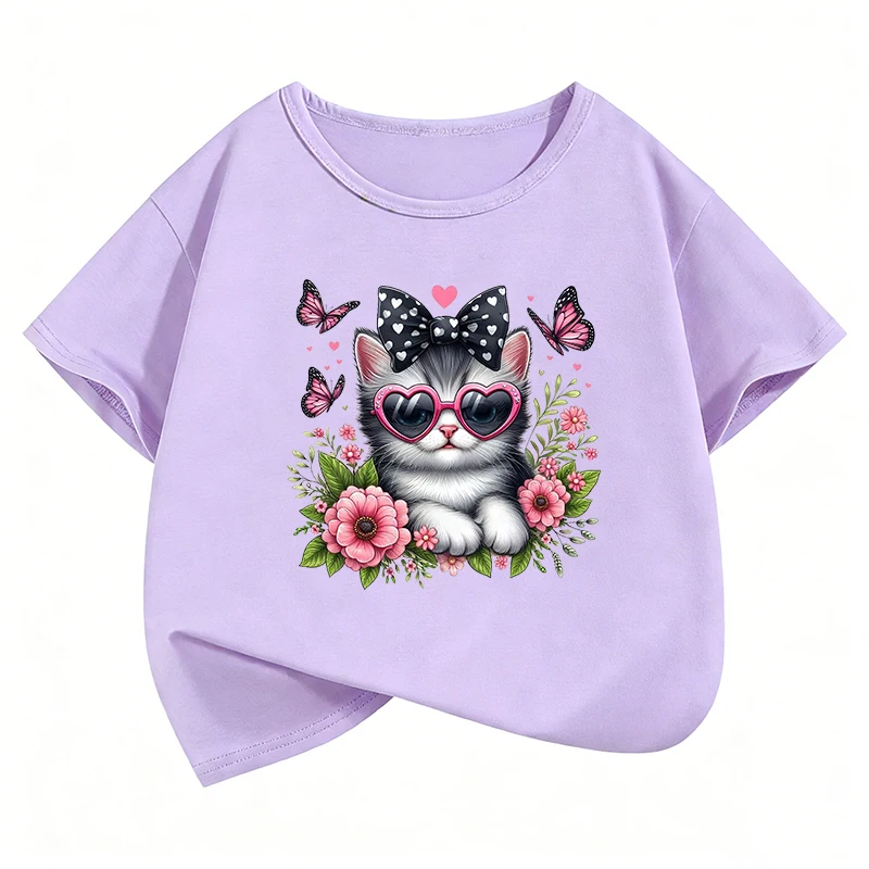 Kawaii Cat Floral Butterfly Design T-Shirt Girls' Summer Clothes Short Sleeve Cat T-Shirts Cute Kids Clothing T Shirt