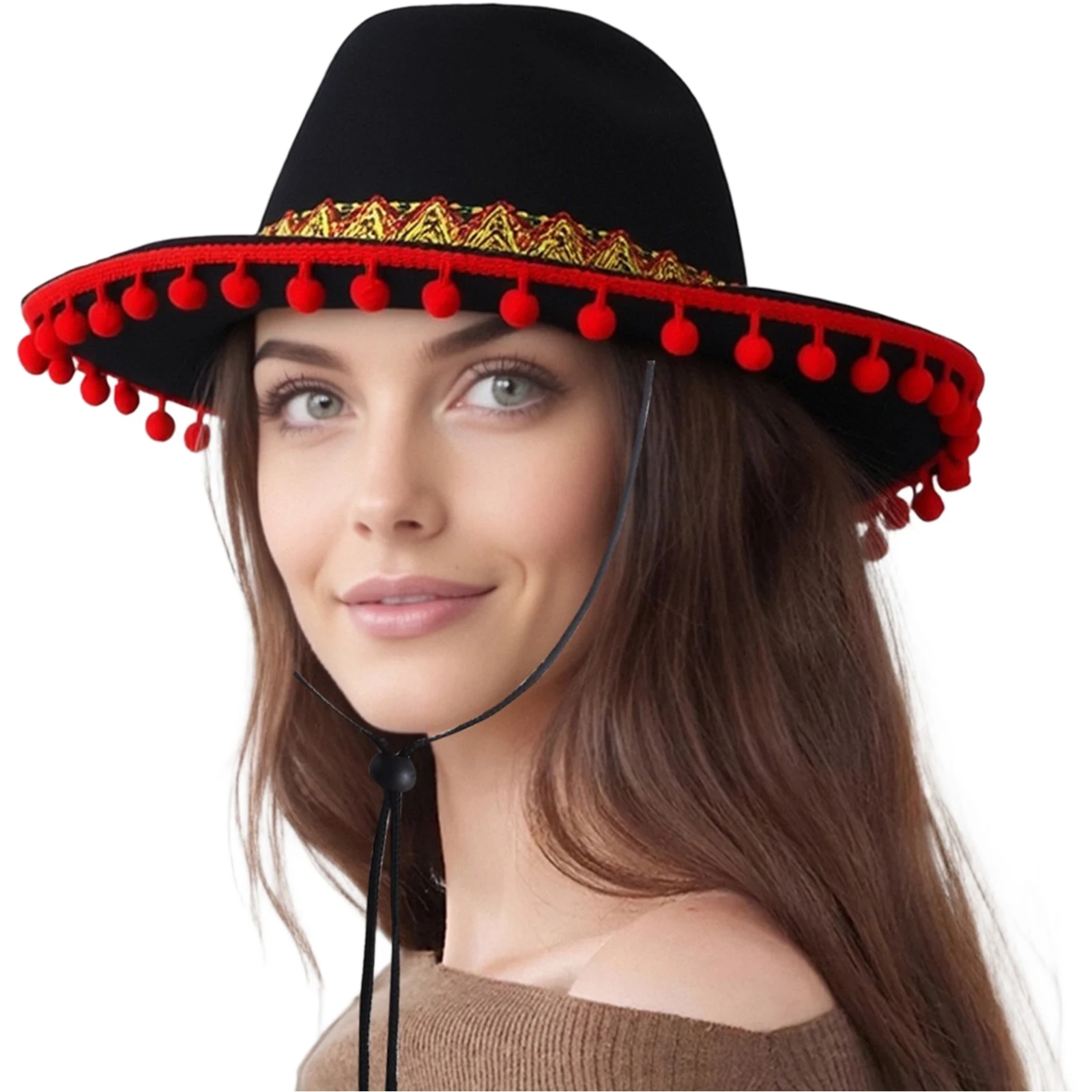 

Halloween Party Sombrero Mexican Hat Wide Brim Felt Hat Woven Embellish Drawstring Hat Adult Summer Outdoor Sun Hat Costume Prop