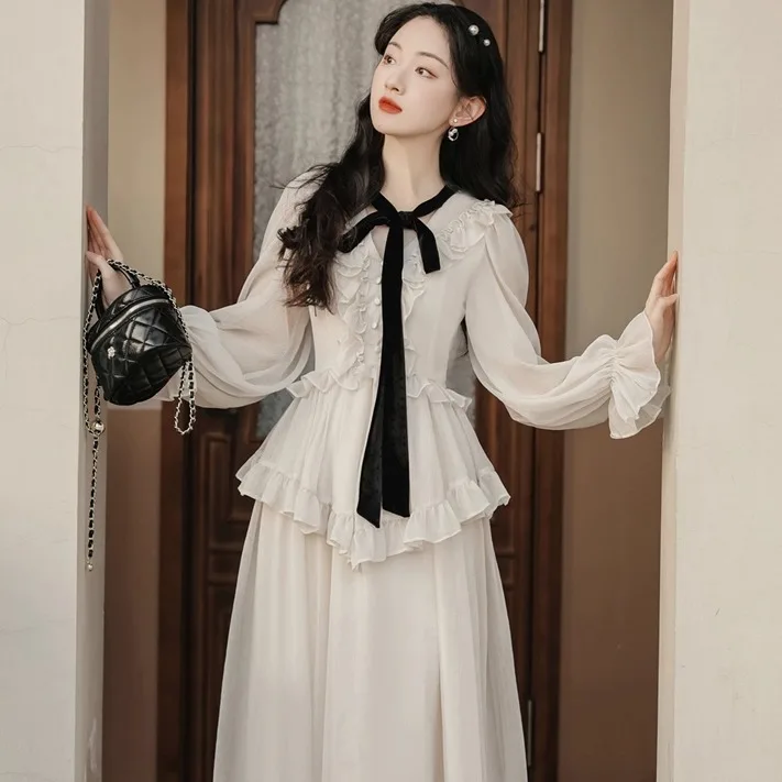 

Ele Long Sve White Dr Rich Girl Sle Women's Faion Set V-Ne Knot Winter Season Adult Size 8-25