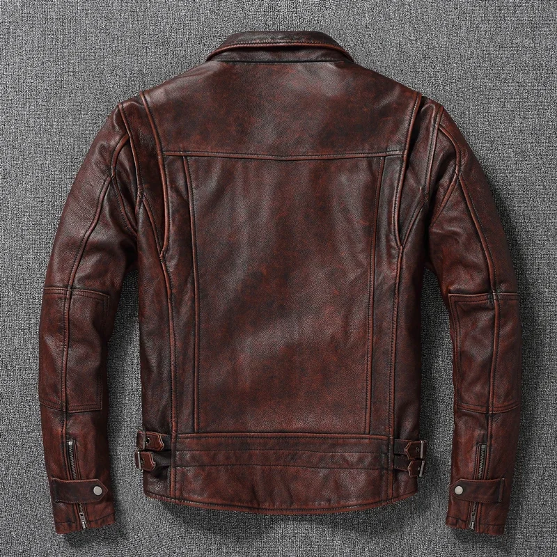 Top layer Cow Oversized Leather Jacket Red-Brown American retro Motorcycle Style Color Distressed High Sense Coat