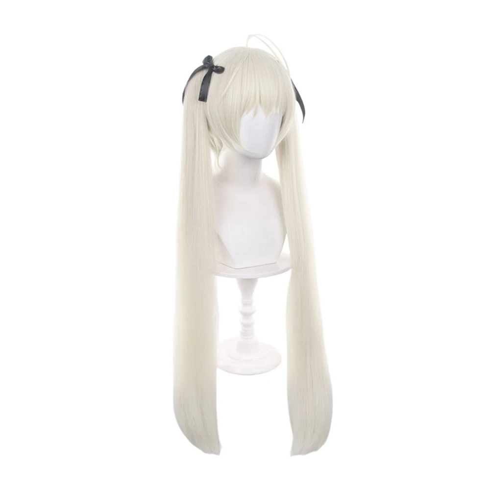 Bone White Medium-Length Wig Dual High-Set Strands with Removable Black Ribbon Ties Soft Frontal Transition Heat Resistant view 3