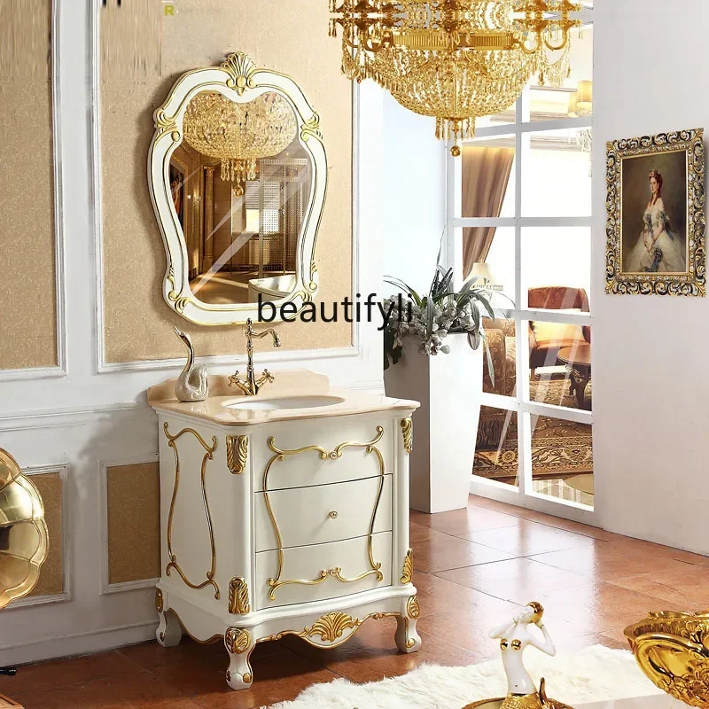 

European-Style Bathroom Cabinet Oak Washbasin Combination French Bathroom Small Apartment Wash Basin Washstand