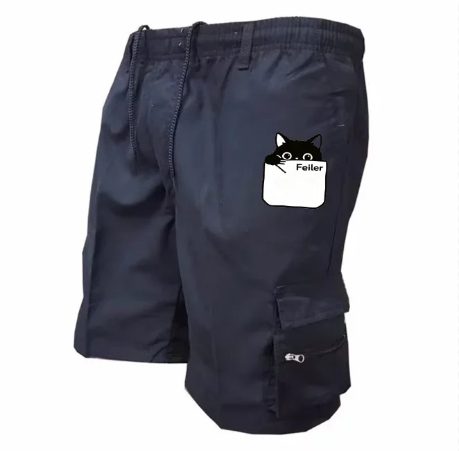 Cute Cat Print Mens Cargo Shorts Multi Zipper Pocket Elastic Drawstring Casual Summer Streetwear Shorts
